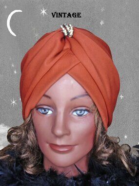 Vintage Turban Hat- 70s Poly Knit with Rhinestone Detail